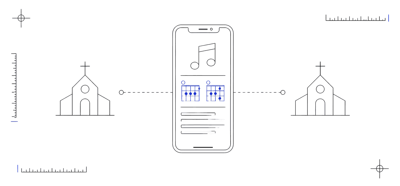 Diagrama de la app de himnario: celular con acordes conectado a varias iglesias